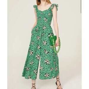 Yumi Kim Women's Leanne Smocked Wide Leg Jumpsuit XS Green Safari Blossom